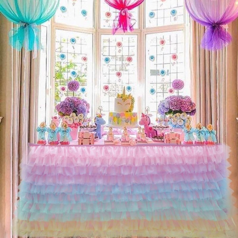 Custom Gradient Color Pink Blue Party Banquet Tutu Ruffled Table Skirt Tablecloth For Wedding