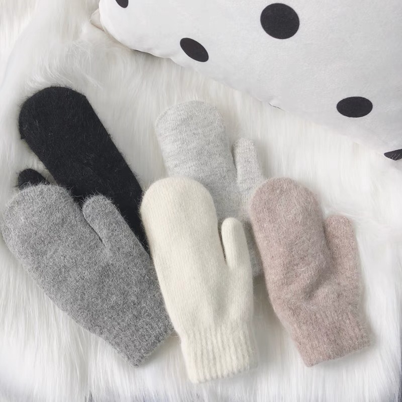 Pure Color Winter Outdoor Thick Double Cashmere Warm Women Knitted Mittens Women Korean winter solid Double-layer velvet gloves