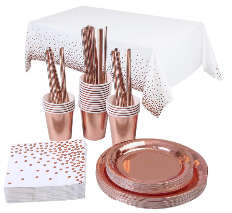 Accept custom JIPAI Rose Gold paper plate set banner tablecloth Festival party decorations