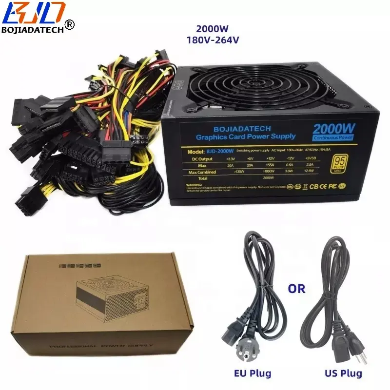 2000W ATX Switching Power Supply PSU Lower Noise Fan 95% Efficiency 180V-264V for 8 Graphics Video Card GPU Rig