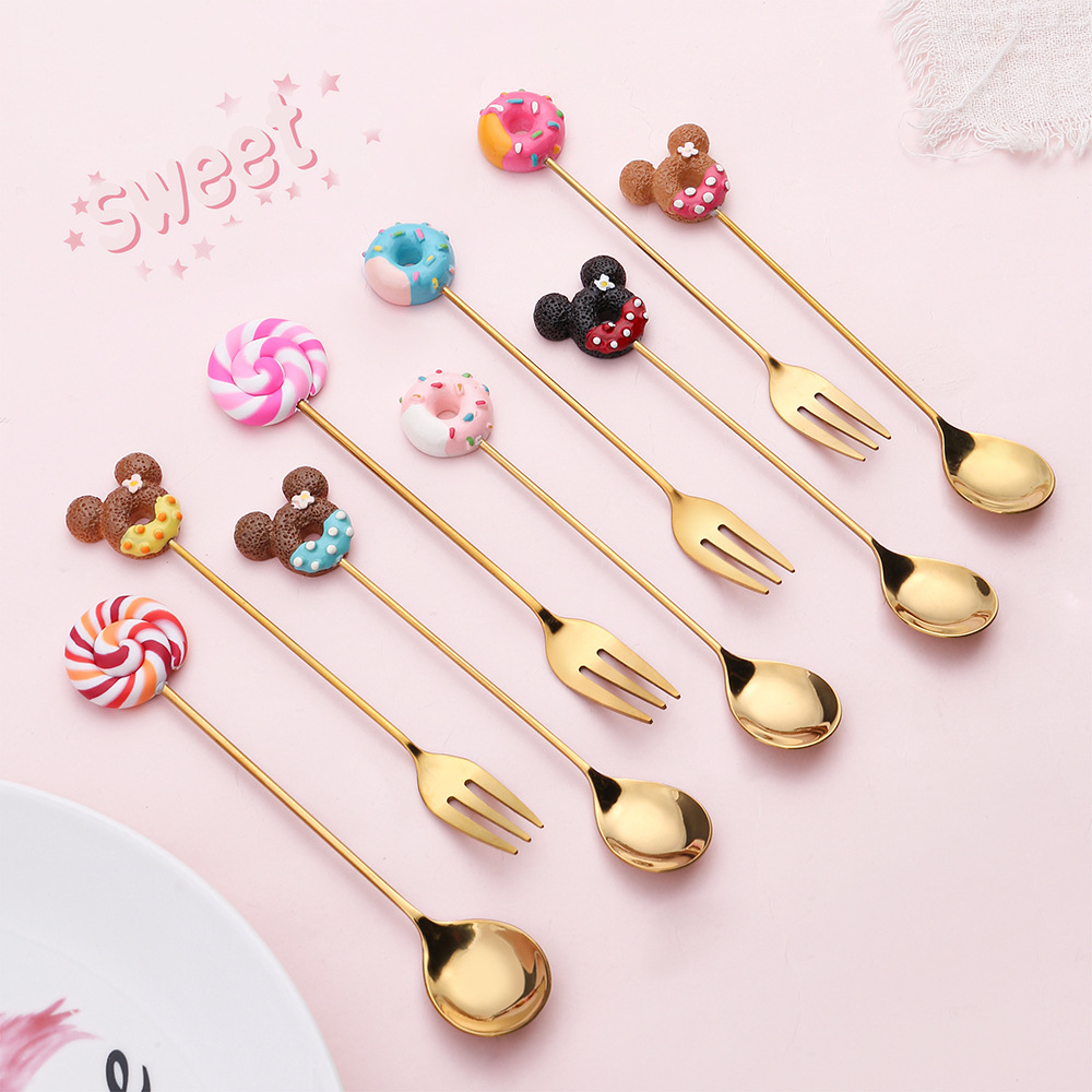 Cute Doughnut Stirring Creative Lollipop Coffee Spoon Fruit Fork Ins Dessert Shop Stainless Steel Gold Spoon
