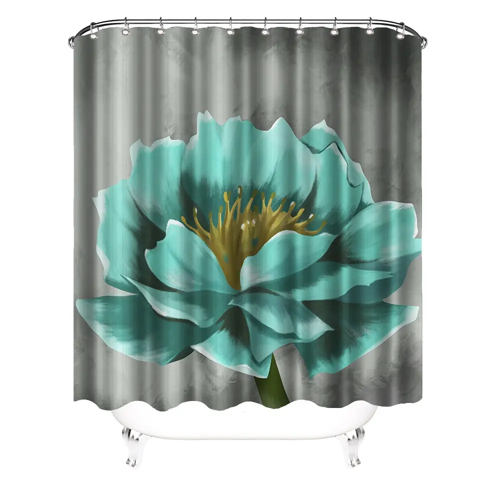 Teal Gray Flower Shower Curtain Vintage Floral Lotus Flowers Polyester Fabric Waterproof Shower Curtain with 12 Hooks 72X72inch