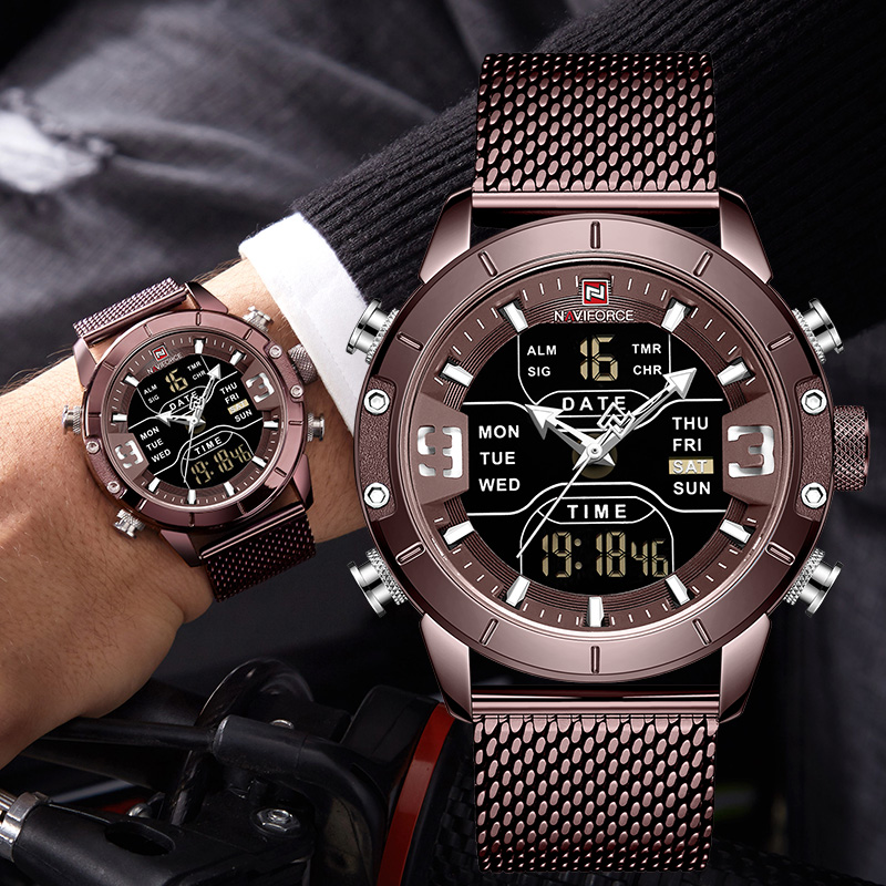 NAVIFORCE 9153 S спортивные мужские часы от топ бренда класса люкс армии военная сетка из нержавеющей стали, мужские наручные часы, водонепроницаемые кварцевые электронные часы