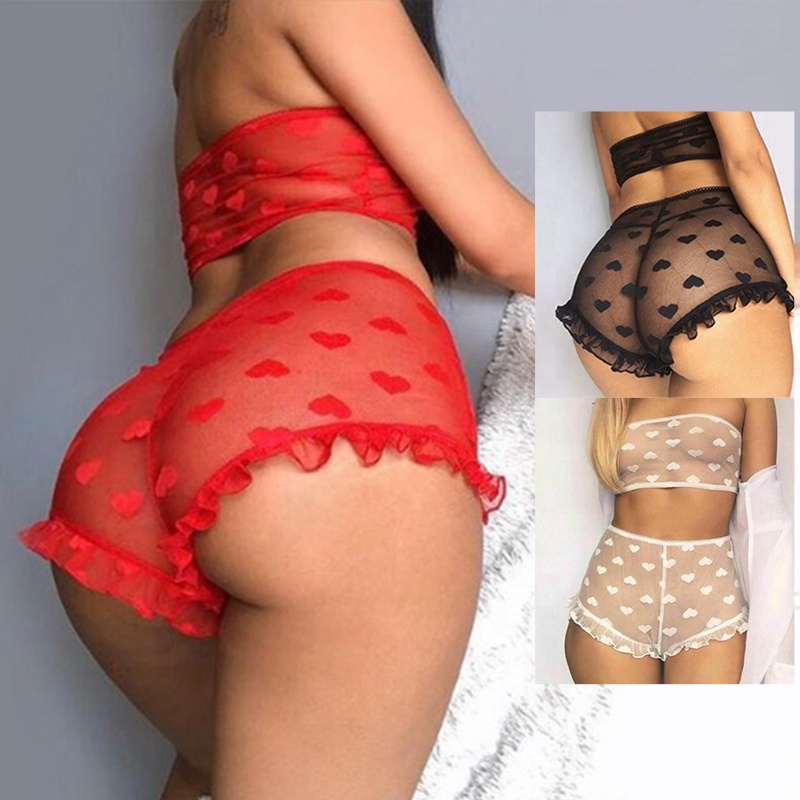 Wholesale 2 Piece Strapless Bra & Brief Hot Transparent Mesh Ruffle Lace Black Red Underwear Sexy Panty And Bra Lingerie Set