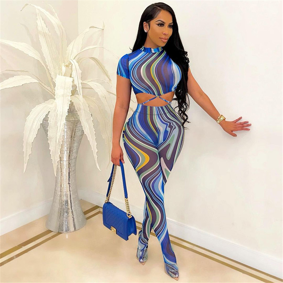 2021 Summer Clothing Bandage Mesh Cut Out Crop Top Foot Pant Set Party Street Tight Women Two pieces Sets