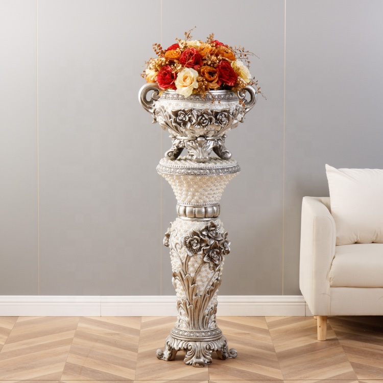 Luxurious Roman Wedding Decoration Fiber Glass Pearl Flower Vase Pot with Stand for Hotel Office Party Shop Building