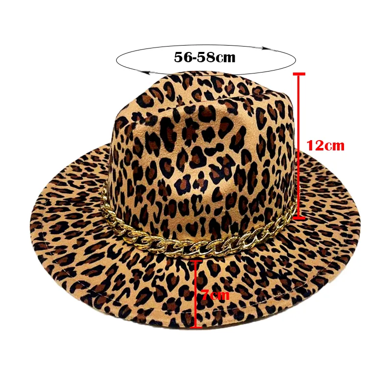 Newest Women Leopard Print Fedora Hat Big Wide Brim Metal Chain Felt Fedora Hat Wholesale