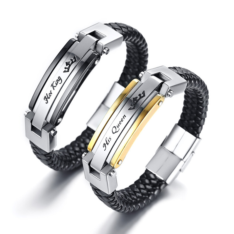 His Queen Her King Genuine Leather Stainless Steel Couple Bracelet