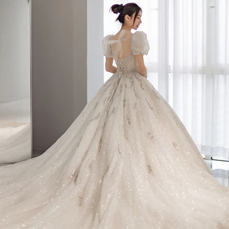 Champagne Lace Bridal Gown Puff Sleeve wedding dresses