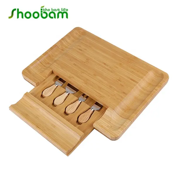 Bamboo Picnic Cheese and Cracker Serving Board with Cutlery Knife Set
