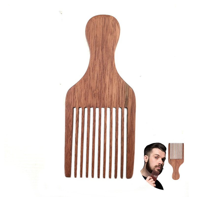 Custom logo natural wooden afro comb hair pick comb with handle
