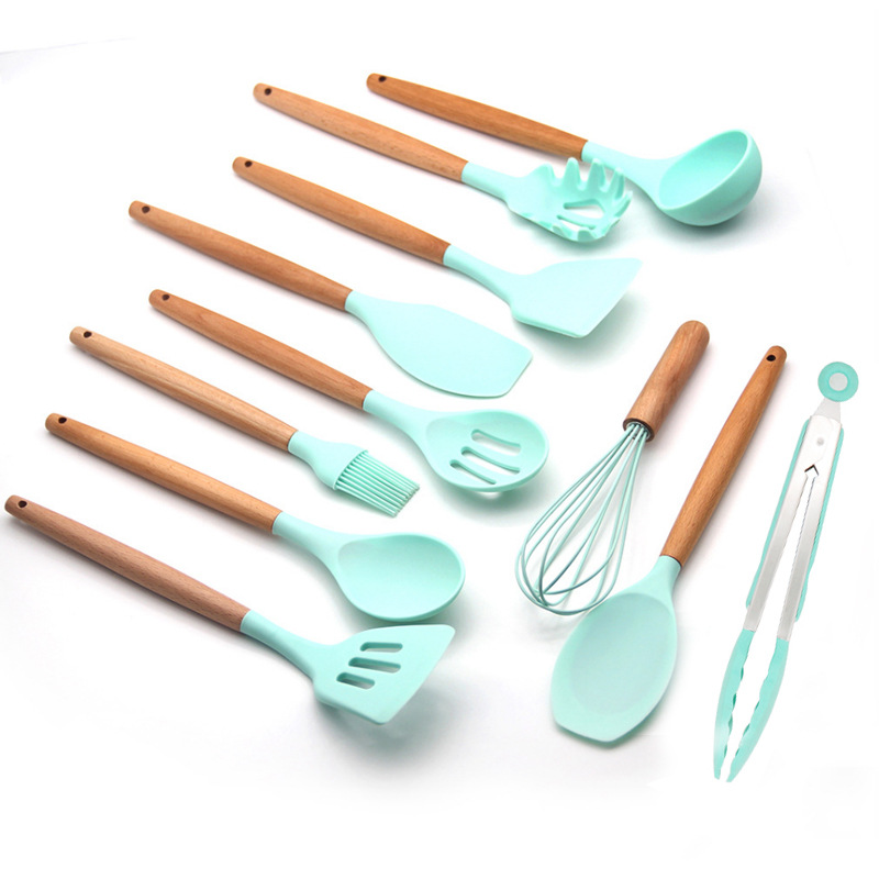 Wooden utensils set for kitchen/ Wholesale Red 12 Piece Kitchenware Baking Cooking Tools Silicone Cookware Utensils Set