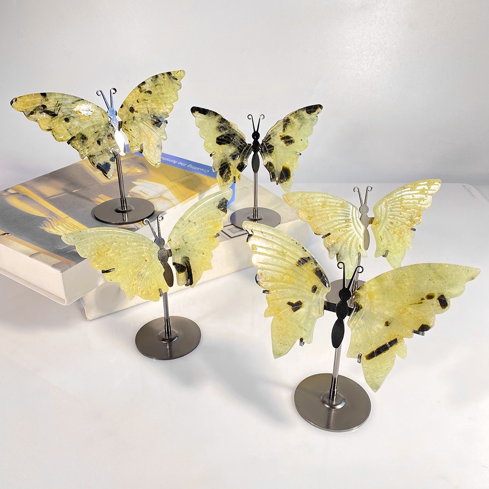 Wholesale Natural Prehnite Butterfly Wings Carving Healing Stones Crystal Butterfly Wing Carving gifts
