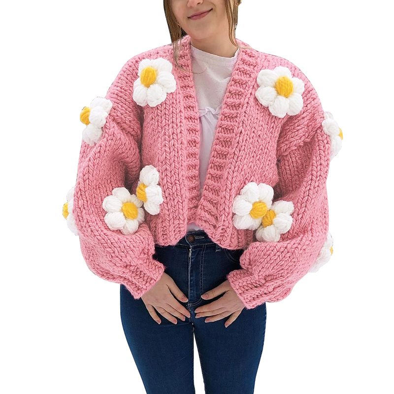 W21C03360 Fall Clothing Fashion Loose Pink Embroidered Women Top Streetwear Casual Knitted Sweater Cardigans