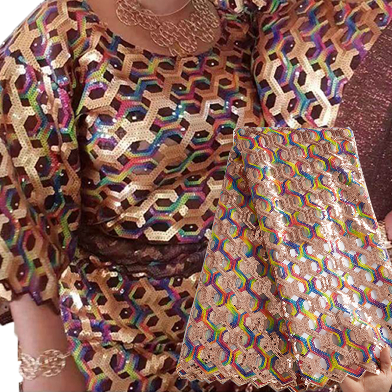 New 2021High Quality Tulle African Nigerian Sequins Lace Fabric Embroidery Sew Dress 5Yards Organza Materials 2517