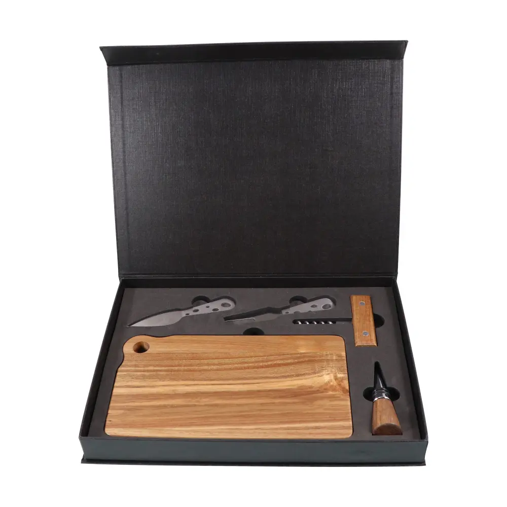 5 piece Acacia wood cheese board and wine opener tools stainless steel cheese knives