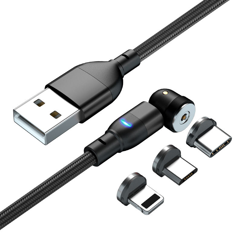 Оптовая продажа со склада горяч-продавая LED 540 градусов вращение usb 2A 3 в 1 Магнитный зарядный кабель для передачи данных для Аксессуары для мобильных телефонов