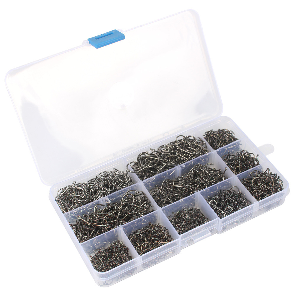 Amazon High Carbon Steel 3 4 5 6 7 8 9 10 11 12 1600pcs Strong Custom Offset Worm Soft Bait Jig Fishing Hooks with Plastic Box