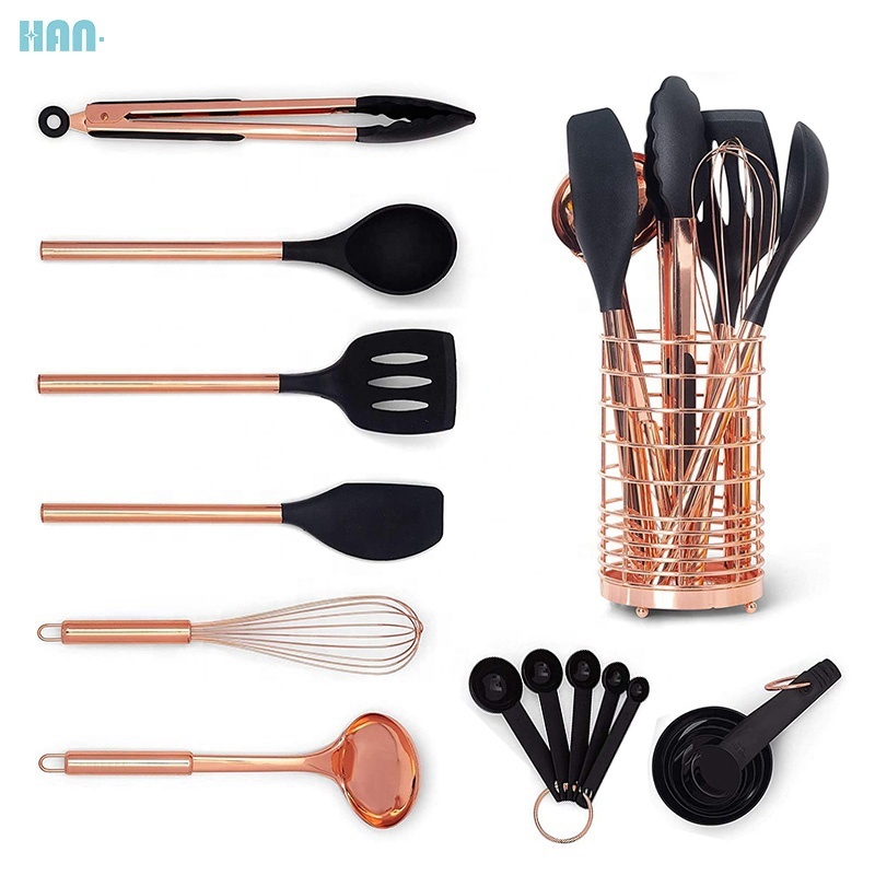 Reliable And Good Silicone With Rose Gold Stainless Steel Handle Cookware Sets Kitchen Utensil Set