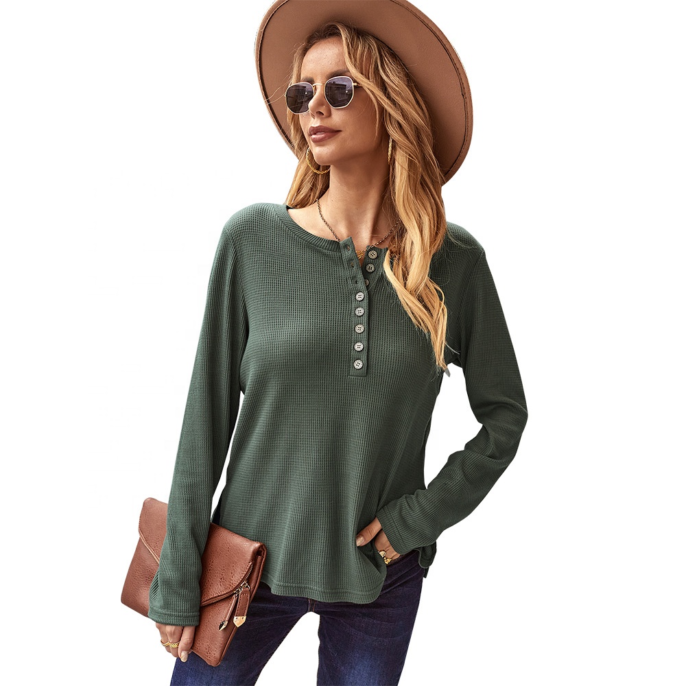 Waffle Lightweight Long Sleeves Fall Women Buttons Blouse Tops For Ladies