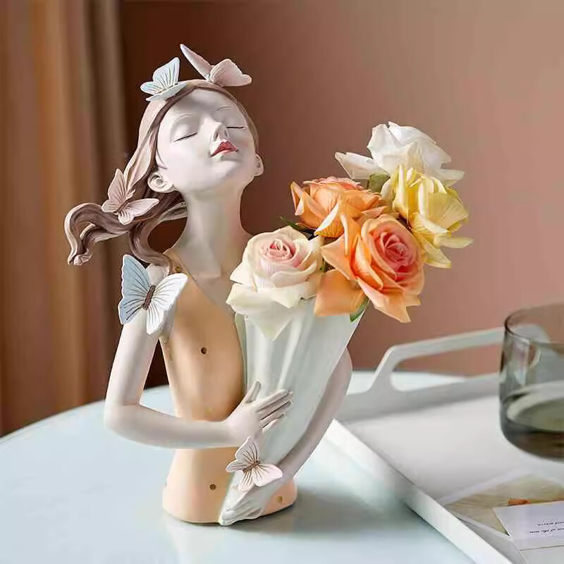 Home Decoration resin Artificial Girl with Butterflies Sculpture statue vase