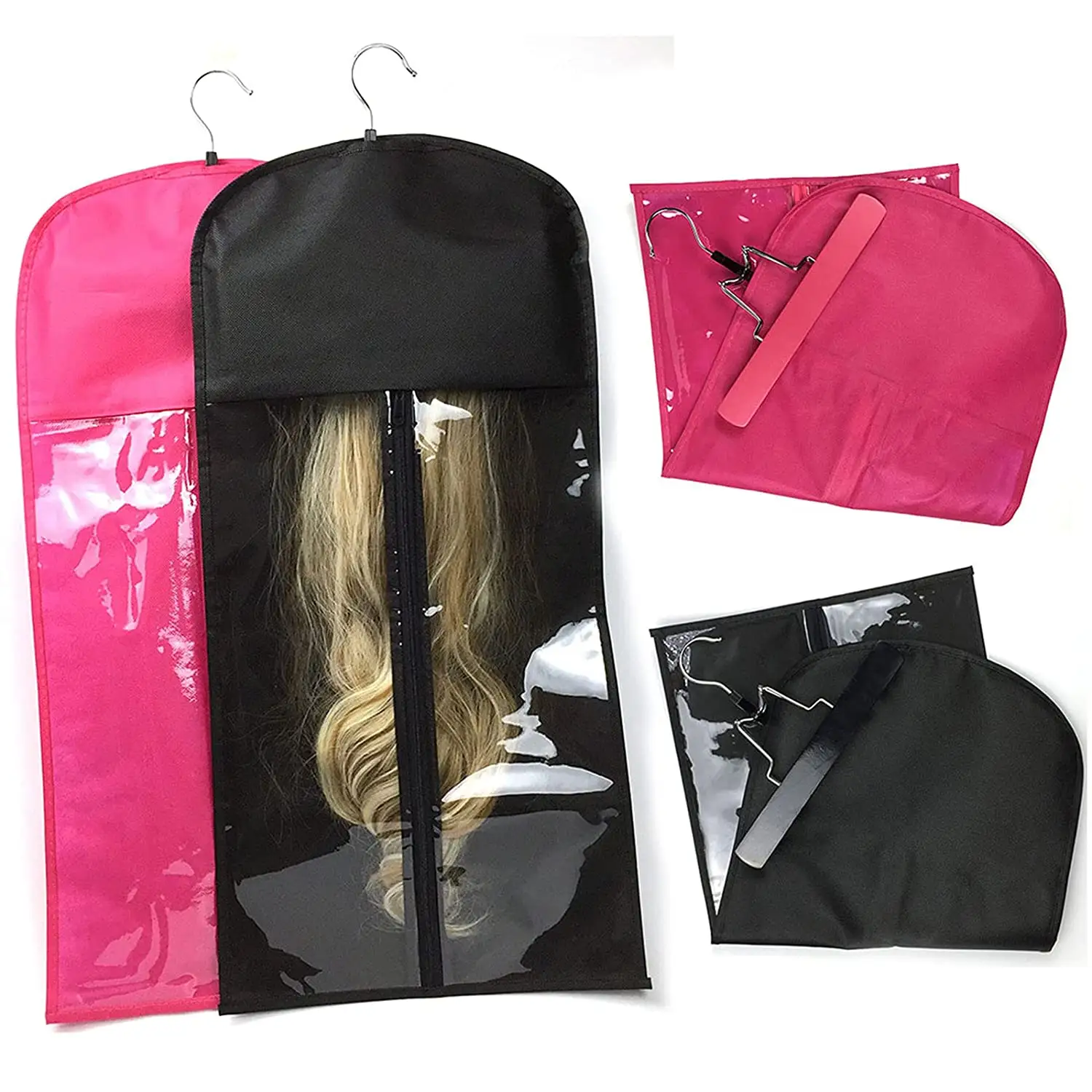 Foldable Portable Dustproof Wig Storage Bag for Hair Extension with Wooden Hanger Black