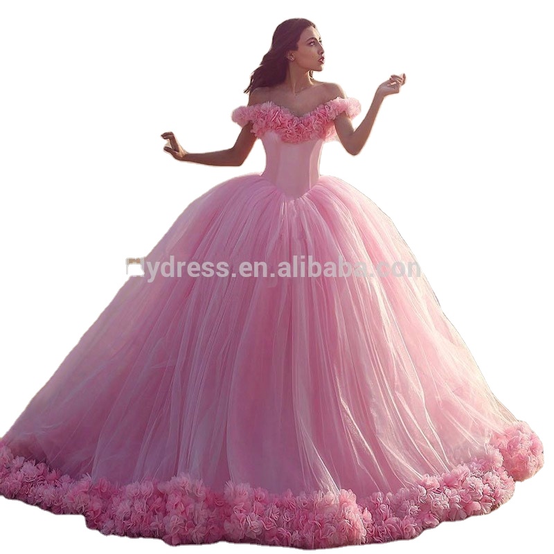 QD1513 2021 великолепные розовые тюлевые платья для Quinceanera, сексуальное бальное платье с открытыми плечами, платье для Quinceanera с цветами, милое 16