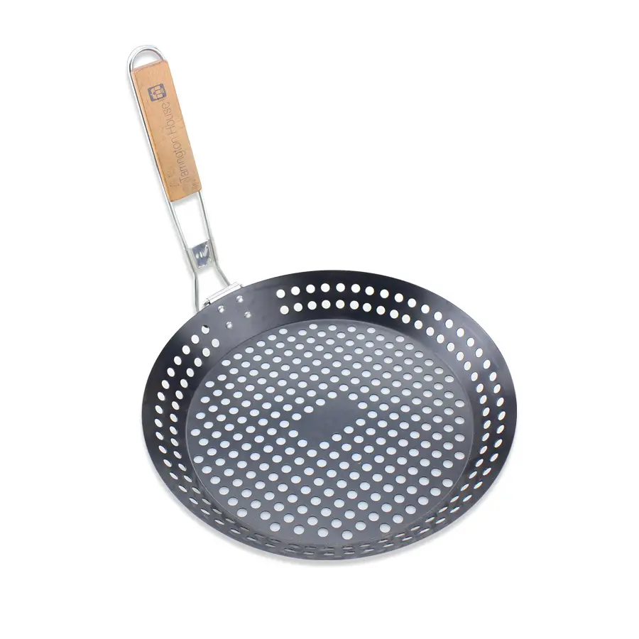 Stainless Steel Round 12inch Cool BBQ Grilling Basket Accessories With Folding Wood Handle for Fish Meat Vegetable