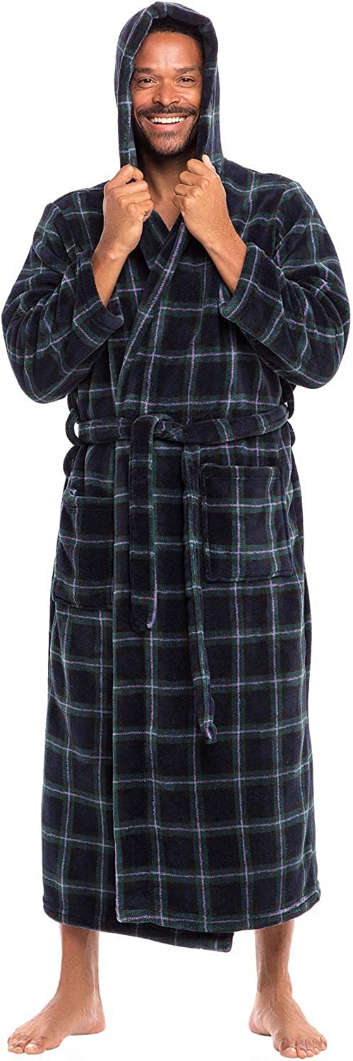 Men's Warm Flannel Fleece Robe with Hood Big and Tall Bathrobe