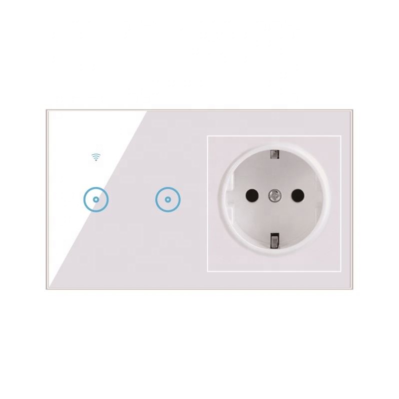147*86MM EU Standard Combination Switch Touch Glass Panel Smart WIFI 2gang Light Switch and Wall Socket Voice Control