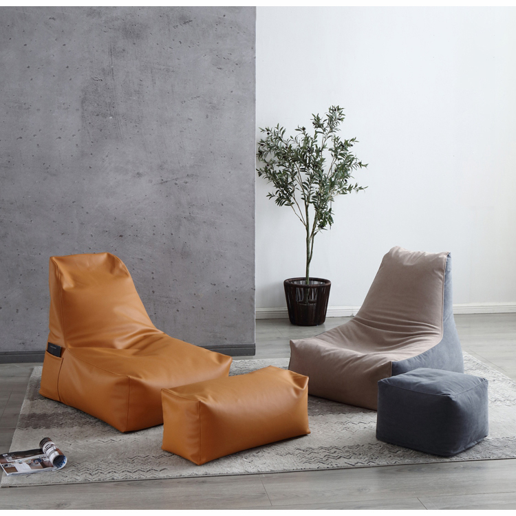 Оптовая продажа мебели Beanbag под заказ, желто-коричневый L-образный комплект для отдыха из искусственной кожи, Кресло-мешок, диван с наполнителем из искусственной кожи