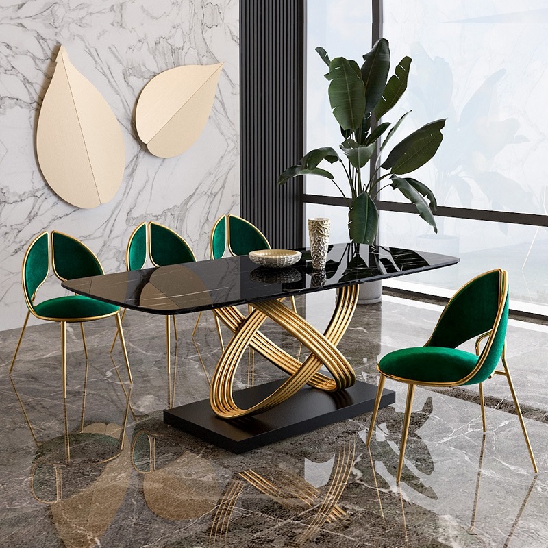 Modern dining table simple Italian marble dining table set golden edge light luxury home dining table and chair combination