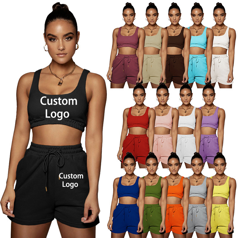 HG012213 Custom LOGO Two Piece Short Pants Set Joggers Solid Color Outfits Sex Women Clothing Biker Short Sets Two Pieces