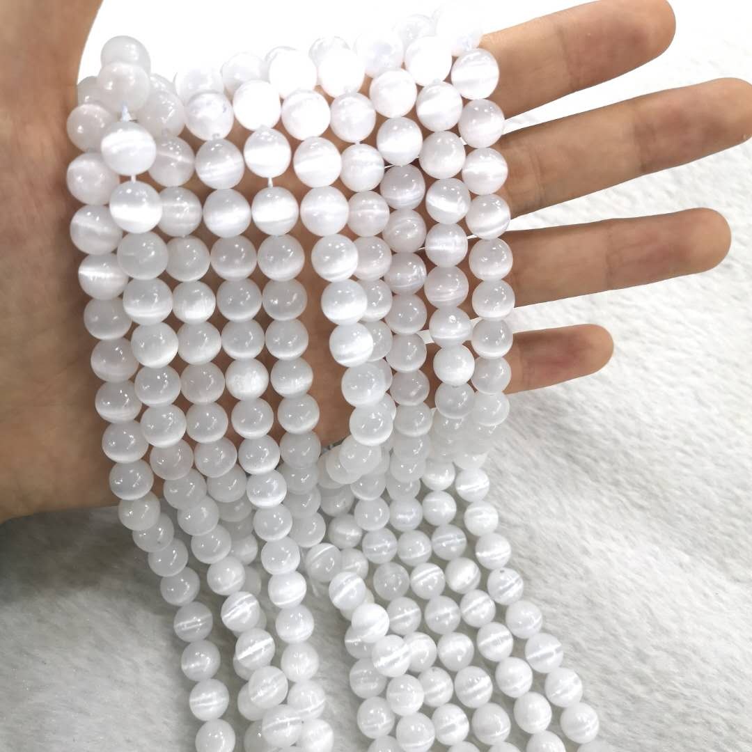Rare Moroccan Selenite Natural Cat Eye Gemstone Beads Fashion Pearly-White Crystal Healing Energy Beads For Jewelry Making
