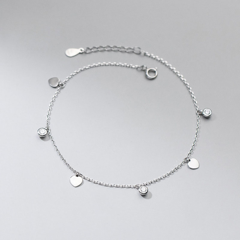 100% 925 Sterling Silver Zircon Coin Heart Charm Anklets For Women Beautiful Fashion Jewelry