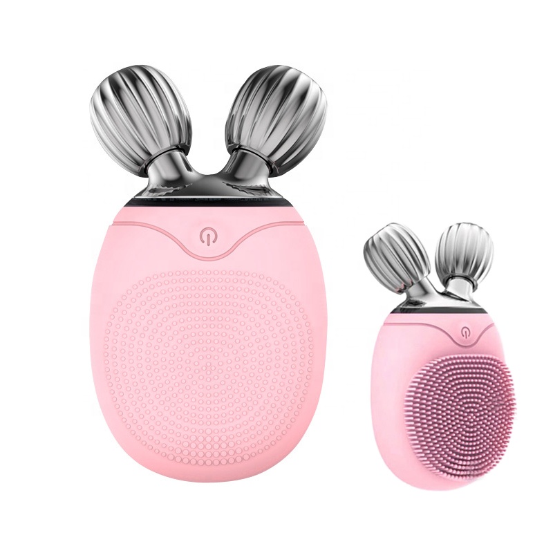 2020 Amazon hot sale 2-in-1 Soft Deep Cleansing Roller Massage USB Charging Mini Silicone Facial Cleansing Brush