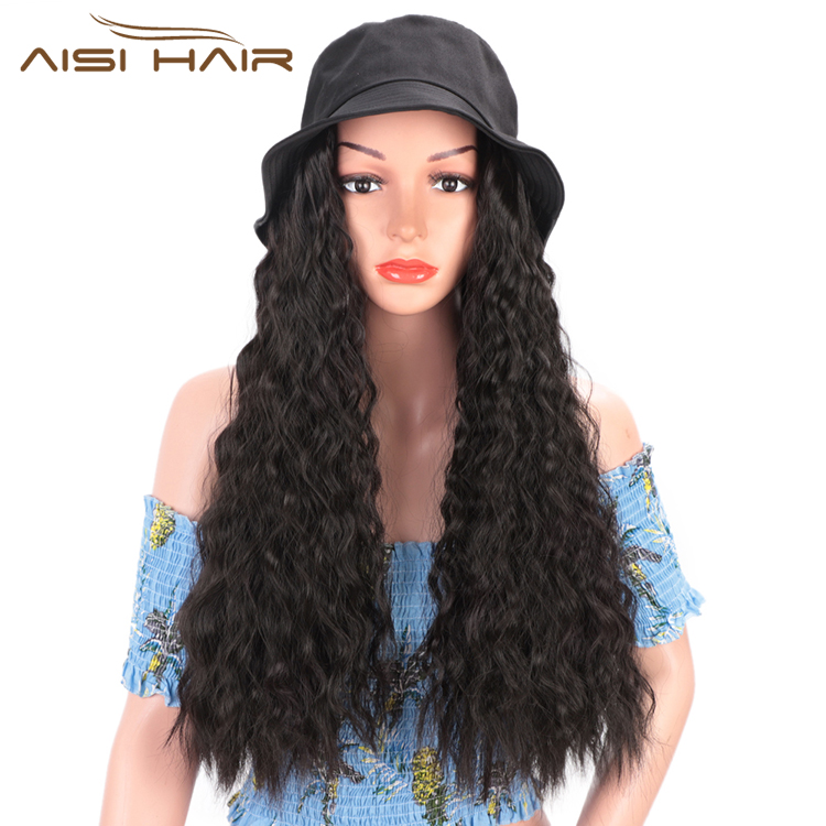Головной убор Aisi Hair для улицы, черный парик с водяными волнами, вязаная головной убор с напуском для вечеринки, удлинение волос из синтетического волокна с черной Панамой для женщин