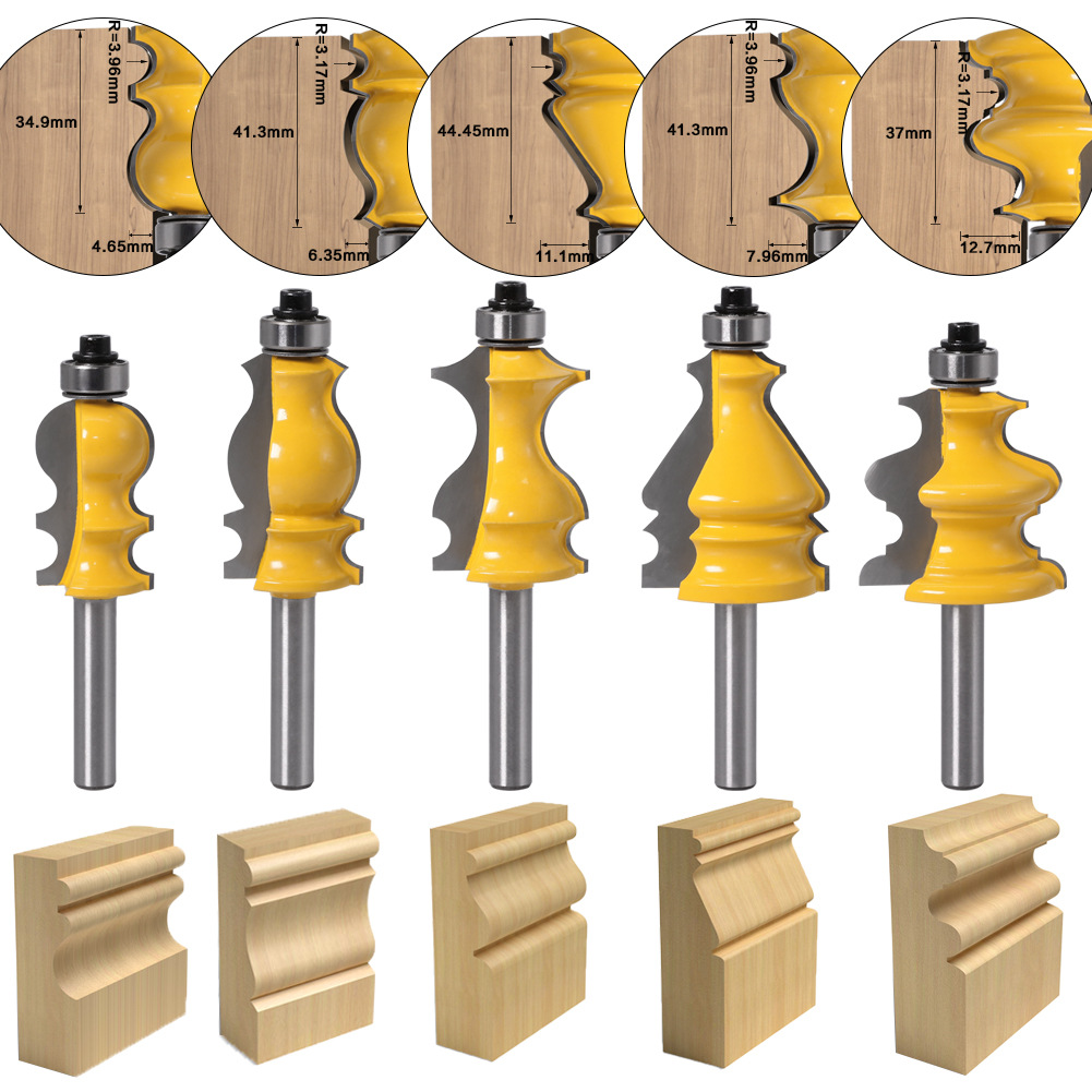Alpha 5pcs 8mm Shank Wood Milling Cutter Router Carbide CNC Cutting Tool Base Wood Frame Molding Big Router Bit Set