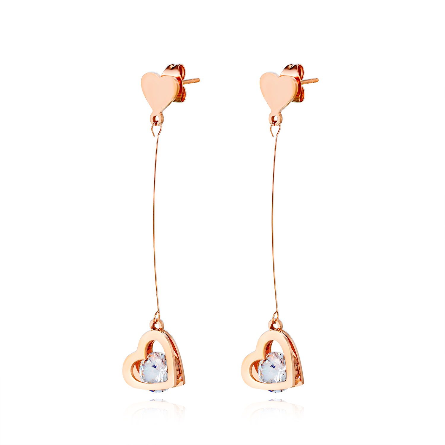 Rose Gold Plated Dangle Bar Cubic Zirconia Earring Jewelry for Women Heart Drop Stud Earrings