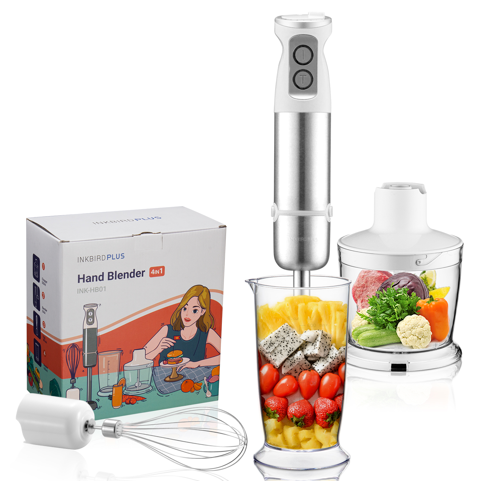 4 in 1 Hand Blender Mixer Stainless Steel INK-HB01 Egg Whisk with BPA-Free Container, ideal for Smoothies, Cream, Sauces