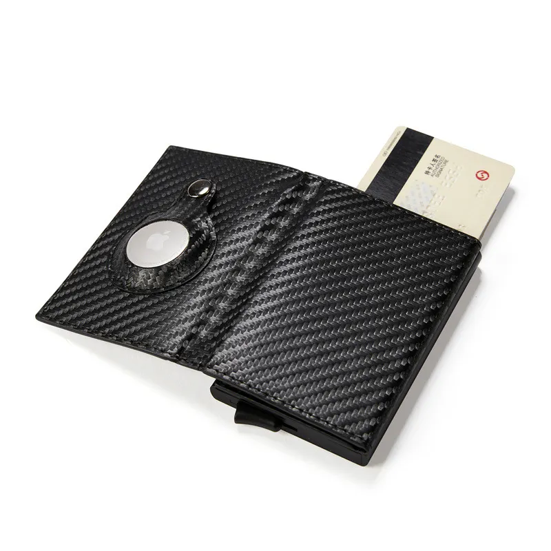 New Men's anti thief cowhide Slim Minimalist pop up carbon fiber wallet credit card holder rfid AirTag aluminum wallet