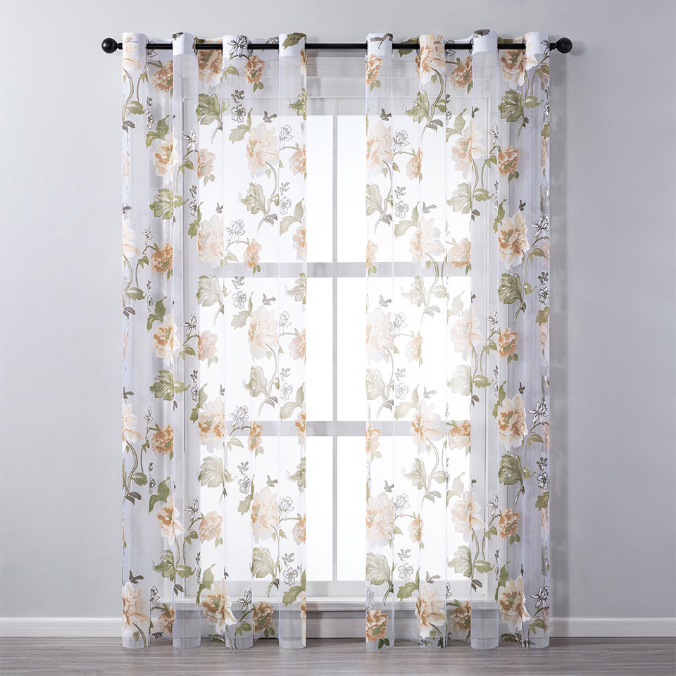 Earopian European Style Gold Sheer Burnout Print Cheap Floral Flower Curtains For The Bed Room Window Sheer Panels