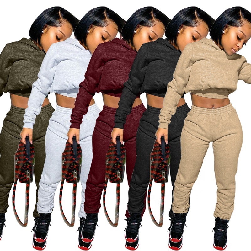 Women Clothing Tracksuit Crop Top Joggers suit Sweatsuit Womens Solid Color Hooded long pant Two Piece Pants Set