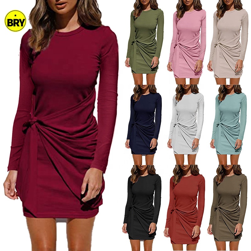 2021 summer hot sale new fashion autumn winter knotted long-sleeved mid-length ladies plus size women dresses