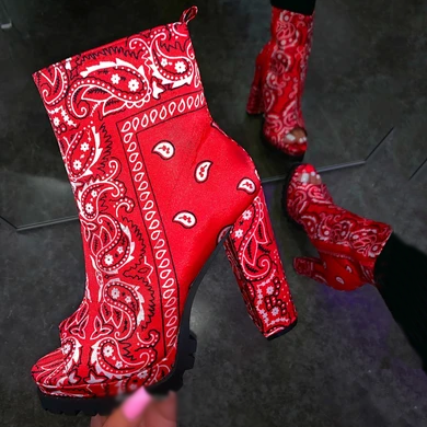 Bandana Platform Round Peep Toe Women Ankle Boots Solid Big Size 43 Chunky High Heel Short Booties For Ladies