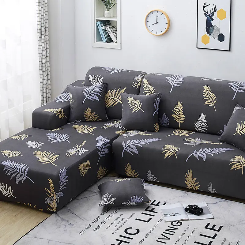 Leaf Pattern Home Decor L Corner Shape Elastic Non-Slip Polyester Printed Sectional Sofa Couch Cover Waterproof Protector