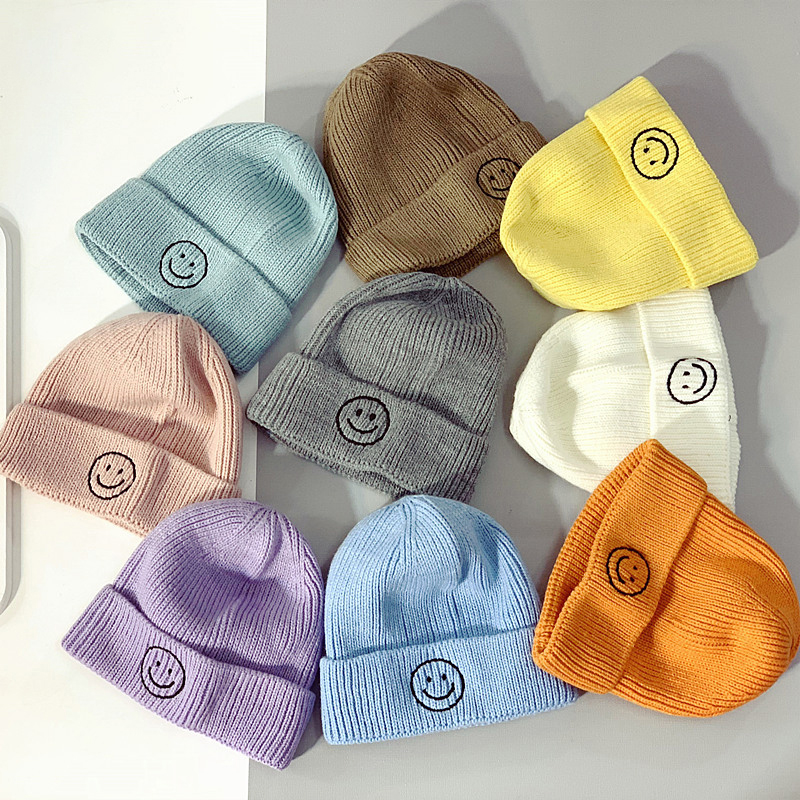 Fashion Cute Simplicity Solid Color Boy Girl Cartoon Smile Embroidery Winter Kids Baby Knitted Warm Beanies Hats