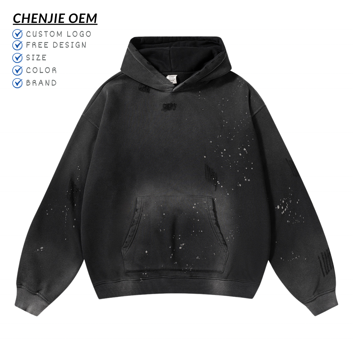 Custom logo Vintage Cotton French Terry Puff Print Oversized Blank Streetwear Distressed Pullover Acid Wash Hoodie