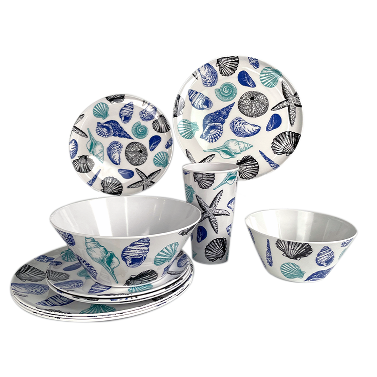 2021 Durable Shell Design Pattern Plastic Picnic Party 5pcs Serving Bowl Plate Cup Dinner Set Melamine Dinnerware Tableware Set
