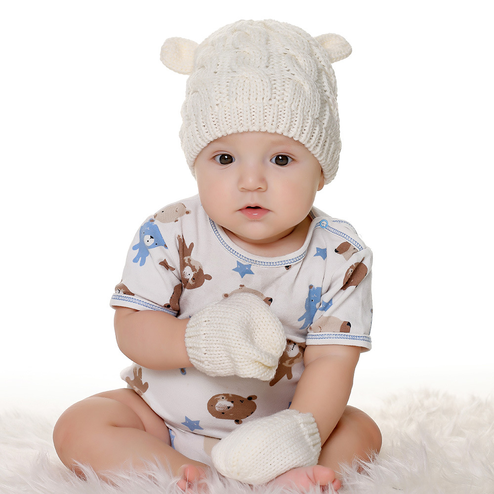 Winter Baby Hats Kids Boy Girl Autumn Warm Knitted Hat Ear Solid Warm Cute Hat and Gloves 2PCS Lovely Beanie Cap Mittens